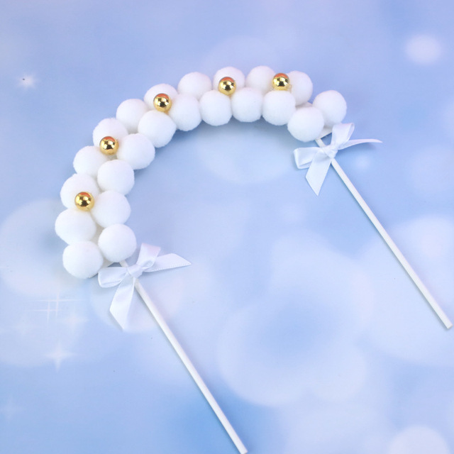 Pearl Bow Soft Pompom Cake Topper Flags Wedding Birthday Party Cake Decor Kids Baby Shower Favors Cupcake Topper Supplies