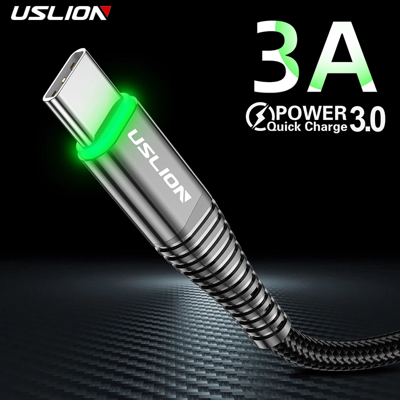 USLION 2 м USB Type C светодиодный кабель для Samsung S10 S9 Redmi note 8 pro Phone 3A Быстрая зарядка