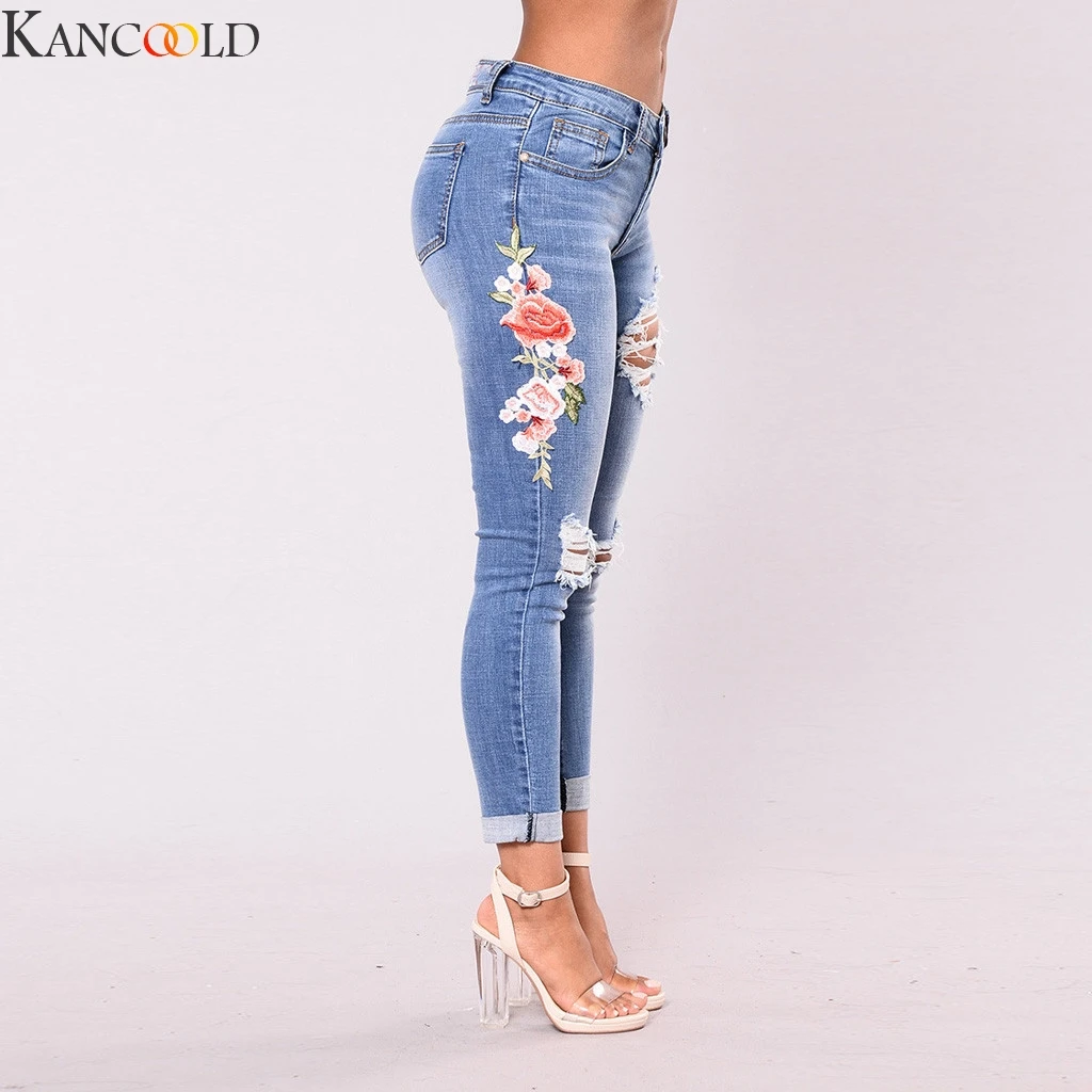 KANCOOLD Women Stretch High Waist Skinny Embroidery Jeans Floral Print Denim Pants Trousers Women Pencil Pant Plus Size New