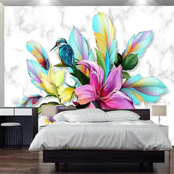 

Milofi custom 3D wallpaper mural modern minimalist hand-painted flowers and birds feather marble TV background wall