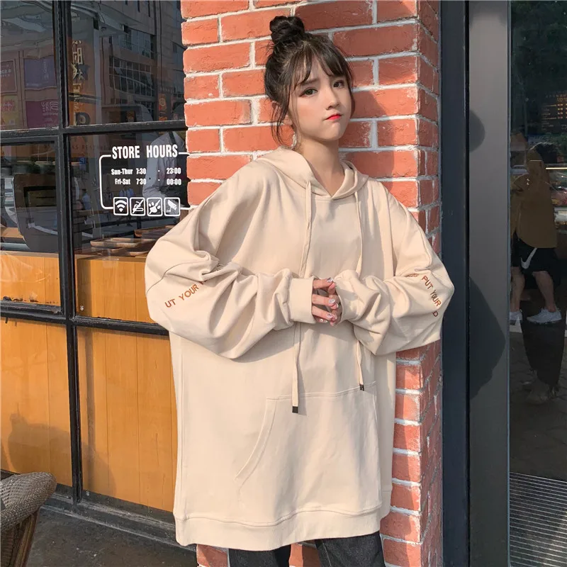Толстовки женские Ulzzang Harajuku уличная весна осень большого размера, с длинным рукавом Студенческая тонкая однотонная Корейская стильная женская одежда