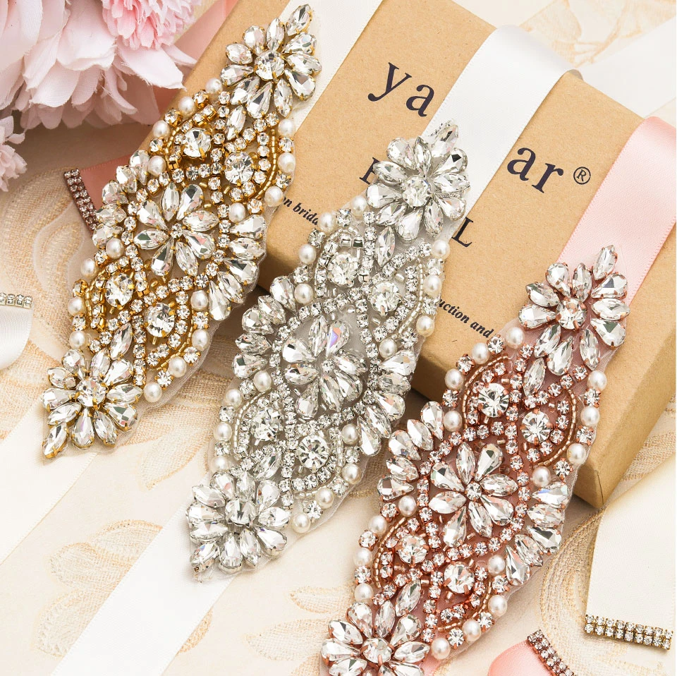 MissRDress Wedding Dress Belt Rhinestones Bridal Sash Crystal Pearls Bridal Belt Gold Wedding Sash Bridal Dress Belt JK850