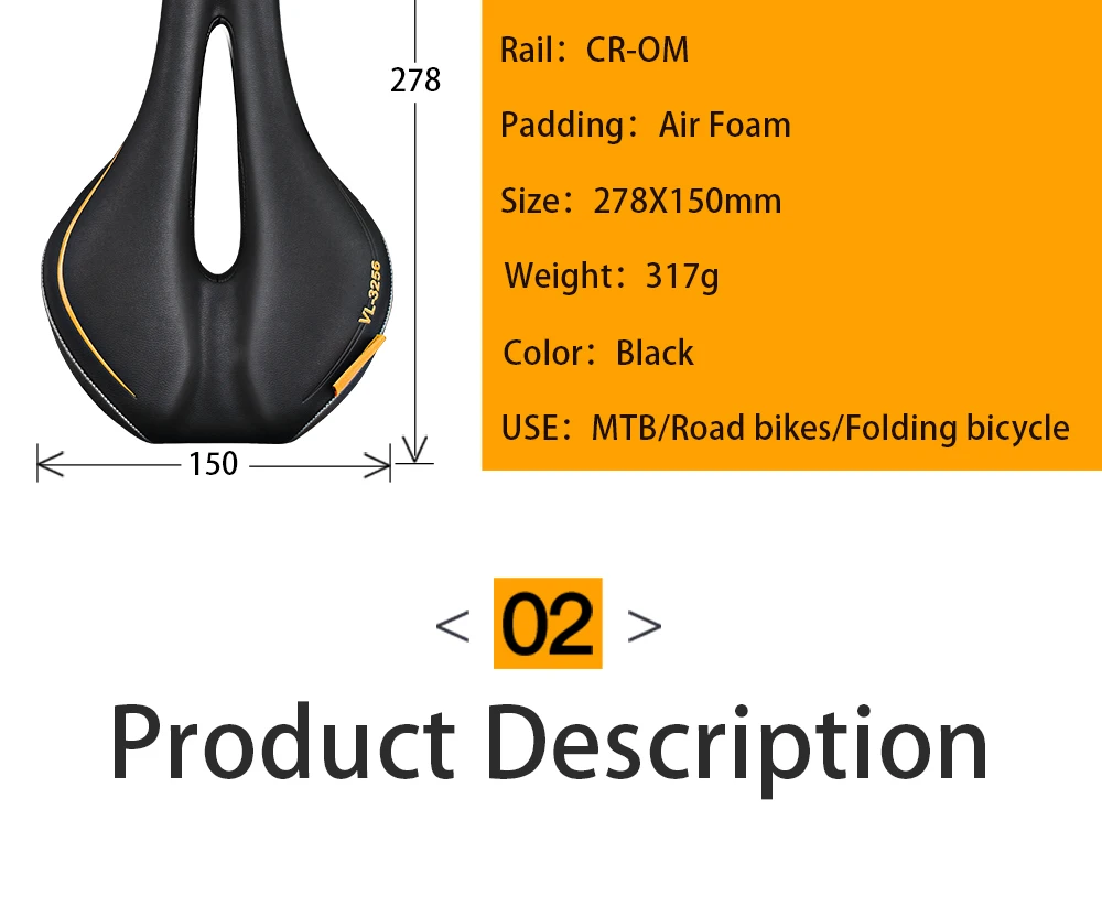 Velo VL-3256 Bicycle Saddle Selle MTB Mountain Bike Saddle Comfortable Seat Cycling Super-soft Cushion Seatstay Parts 319g Only