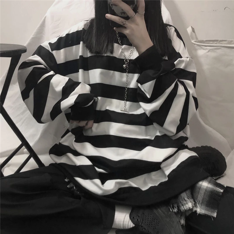 Harajuku style casual oversize bf striped pullovers fashion brand new vintage ulzzang hoodies women o-neck ladies Sweatshirts