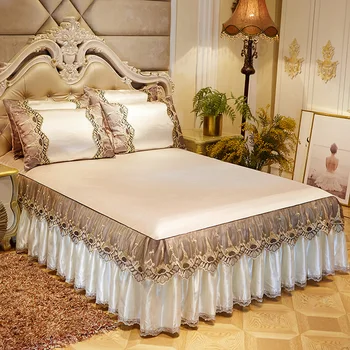

Pure color Ice silk mat lace bed skirt pillowcase dabal cover bed sheet bed sheet double bed with pillow cover Bedding set of 3
