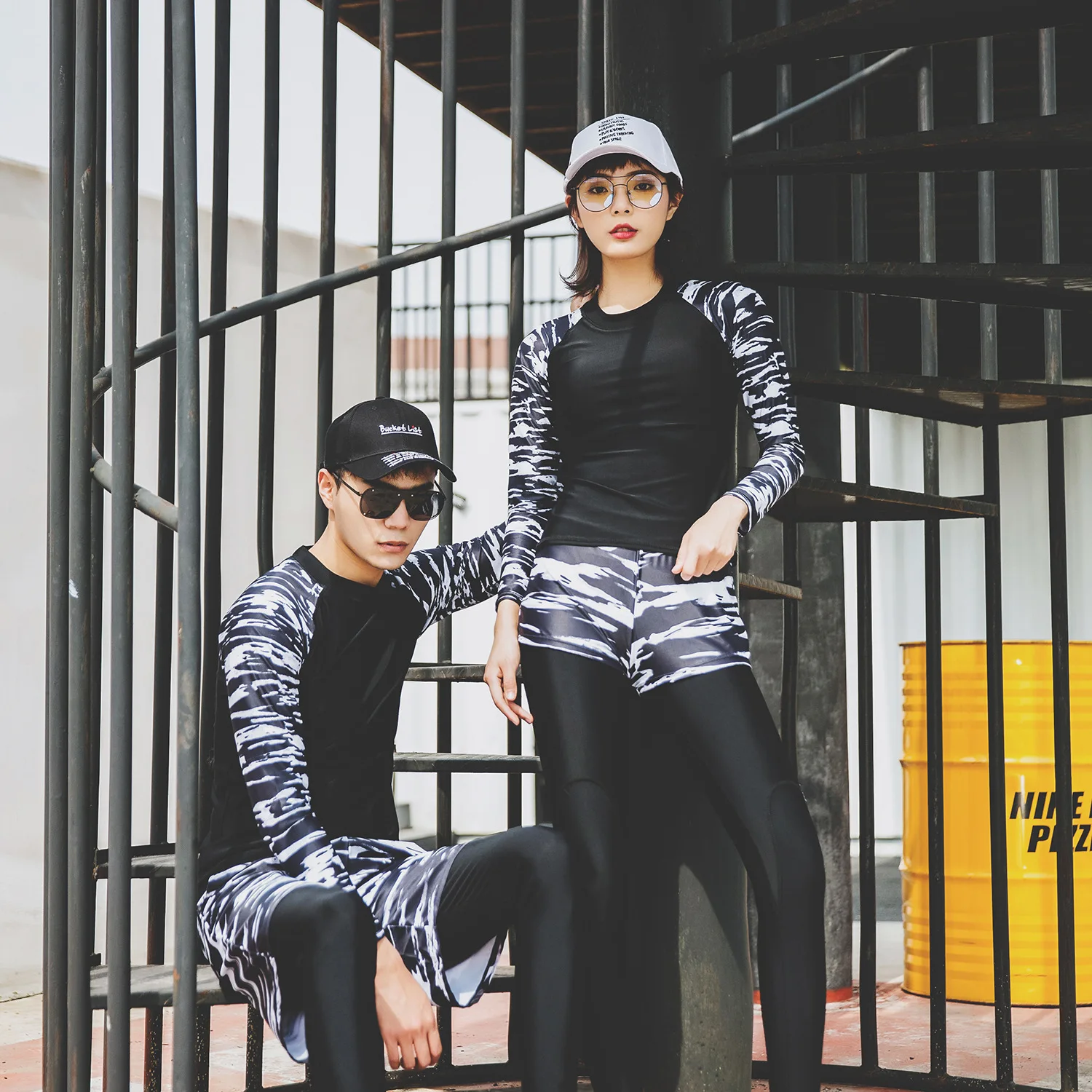 

2019 South Korea Couples Surf Wear Holiday Long Sleeve Trousers Casual Swimming Suit Running Man Sun-resistant Set Olive Flower