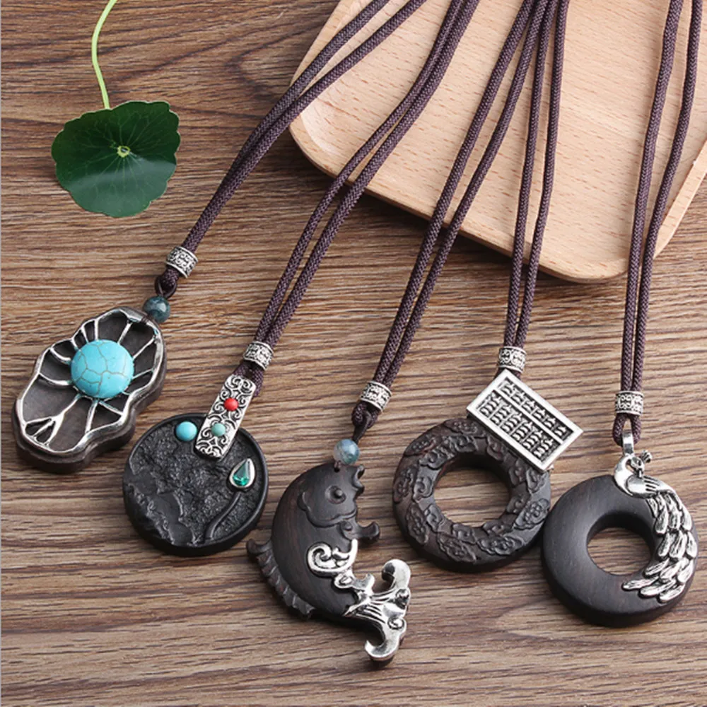 Retro Handmade black Sandalwood alloy Natural Stone Pendant Necklace Sweater Chain N602