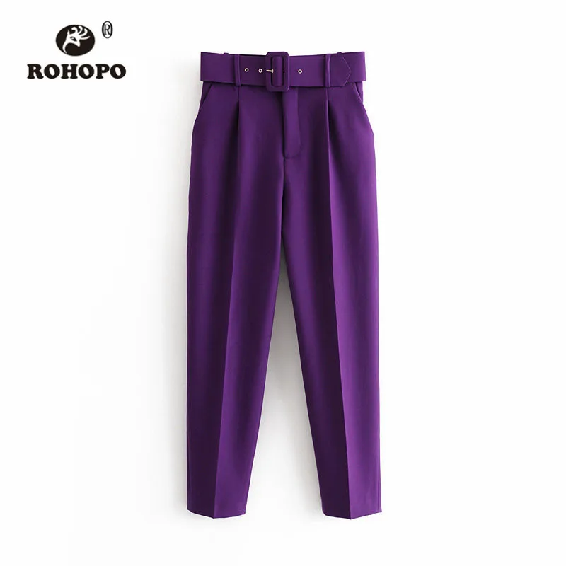 

ROHOPO Solid High Waist With Belt Full Length Pant Yellow Purple Back Welted Pockets Office Ladies Autumn Bottom #2317