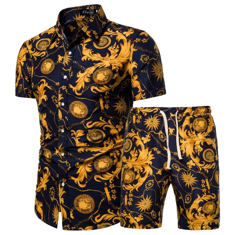 Mens Clothing Shirts Beach-Wear Male Short-Sleeved-Printed Casual Fashion Summer 2piece