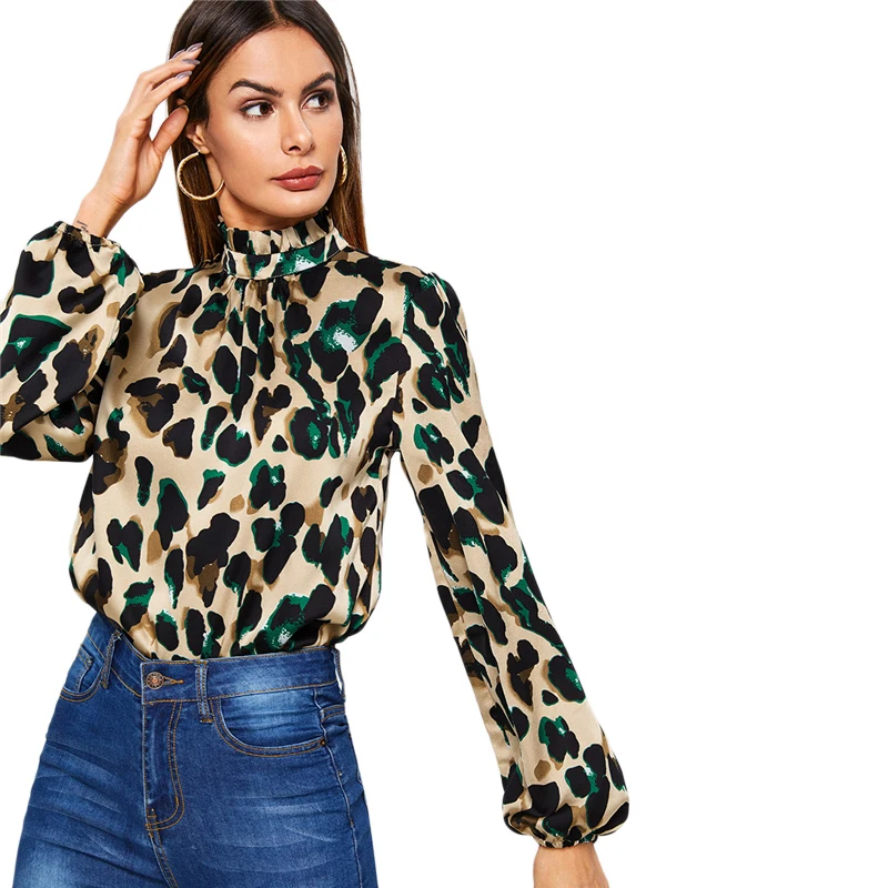 COLROVIE Женская леопардовая блуза с рукавом-стойкой и оборкой на шее, осень, топы с длинным рукавом и стоячим воротником, Повседневная элегантная женская блузка