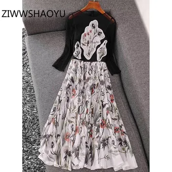 

ZIWWSHAOYU Fashion Runway Summer Sexy Black Mesh Transparent Patchwork Applique Flower Print Party Elegant Long Dresses Women's