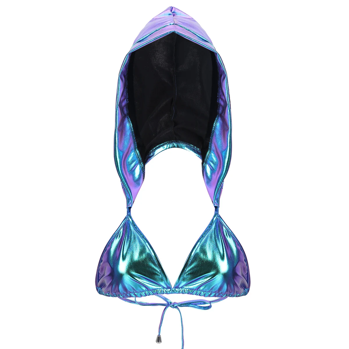Women Shiny Metallic Deep V Neck Backless Beach Hooded Bikini Bra Tops Club Performance Dance Crop Tops Festival Rave Costume - Color: Blue