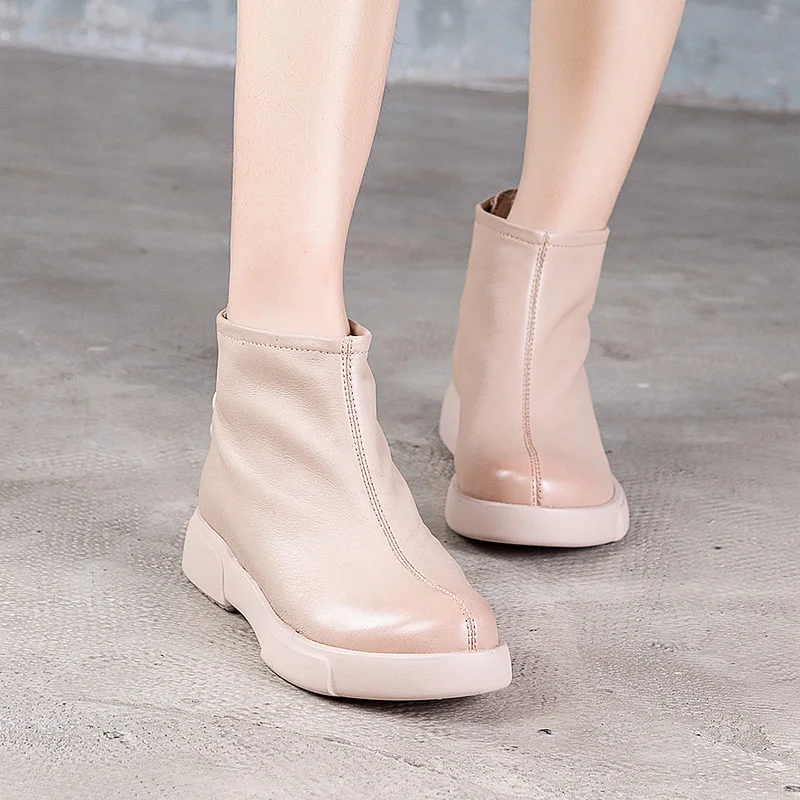 

2019 VALLU Autumn Winter Ladies Shoes Flat Boots Cowhide Leather Round Toes Simple Solid Women Ankle Boots