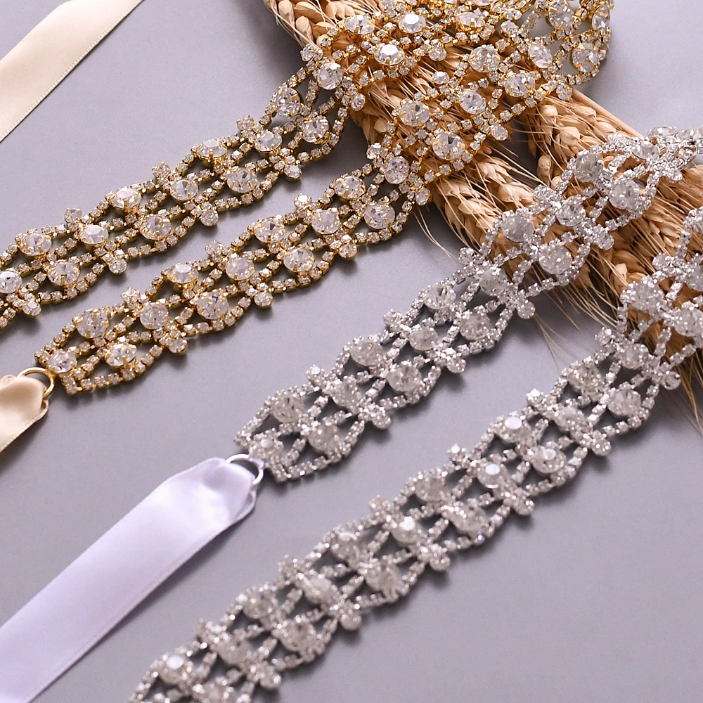 TRiXY S414 Golden Silver Rhinestone Belt Wedding Dress Belt Handmade Crystal Wedding Belts Bridal Ribbon Sash Belt Diamond Belt photo