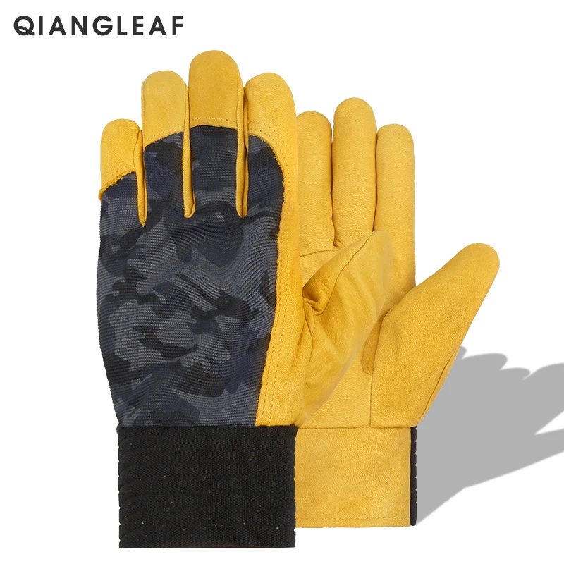 

QIANGLEAF Brand New Men's Work Protection Glove Cowhide Leather Yellow Driving Gardening Security Safety Gloves 410MC