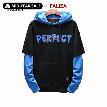 

FALIZA New Spring Mens Hoodies Pullover Fake Two Pieces Hoodie Long Sleeve Hoodie Letter Printing Casual Male Sweatshirts WY116