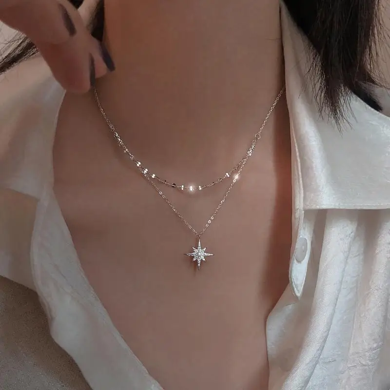 S925 스털링 실버 스타 문 더블 목걸이 여성 쇄골 체인 반짝 이는 다이아몬드 패션 Jewely 액세서리 