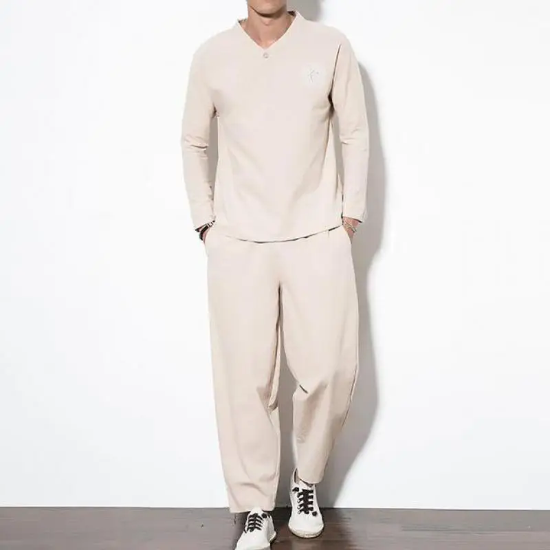 Однотонные мужские комплекты s, футболки, штаны, плюс размер 5XL 4XL, льняной топ с длинными рукавами+ штаны, Мужская одежда, комплект, винтажная мужская одежда