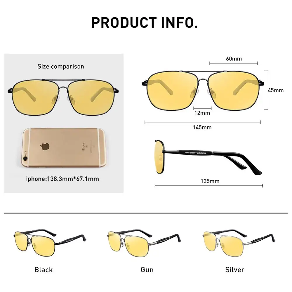 CAPONI Night Vision Sun Glasses Men Square Driving Vintage Eyewear Fashion Design Yellow Lenses Polarized Sunglasses BSYS10001
