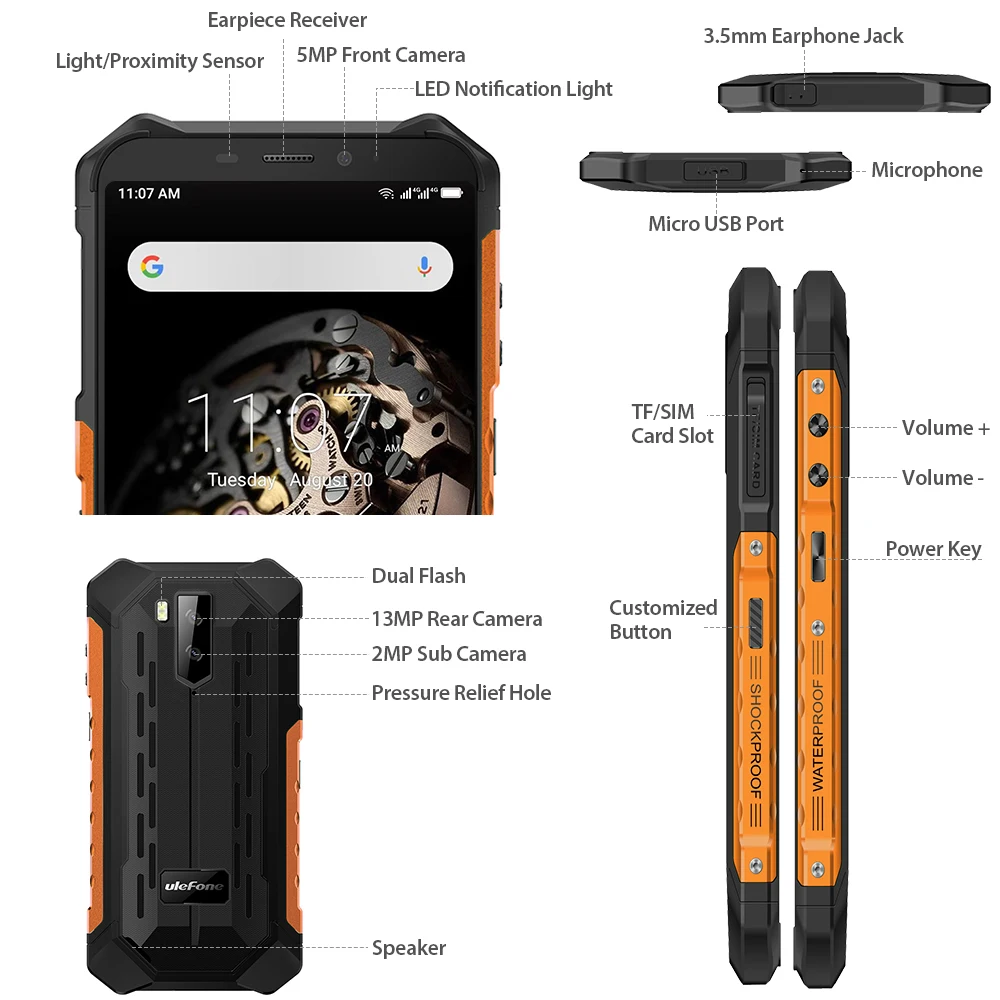 Ulefone Armor X5 IP68 водонепроницаемый прочный смартфон 5,5 дюймов 3 ГБ 32 ГБ 5000 мАч Android9.0 13 МП двойной 4G Grobal мобильный телефон NFC OTG