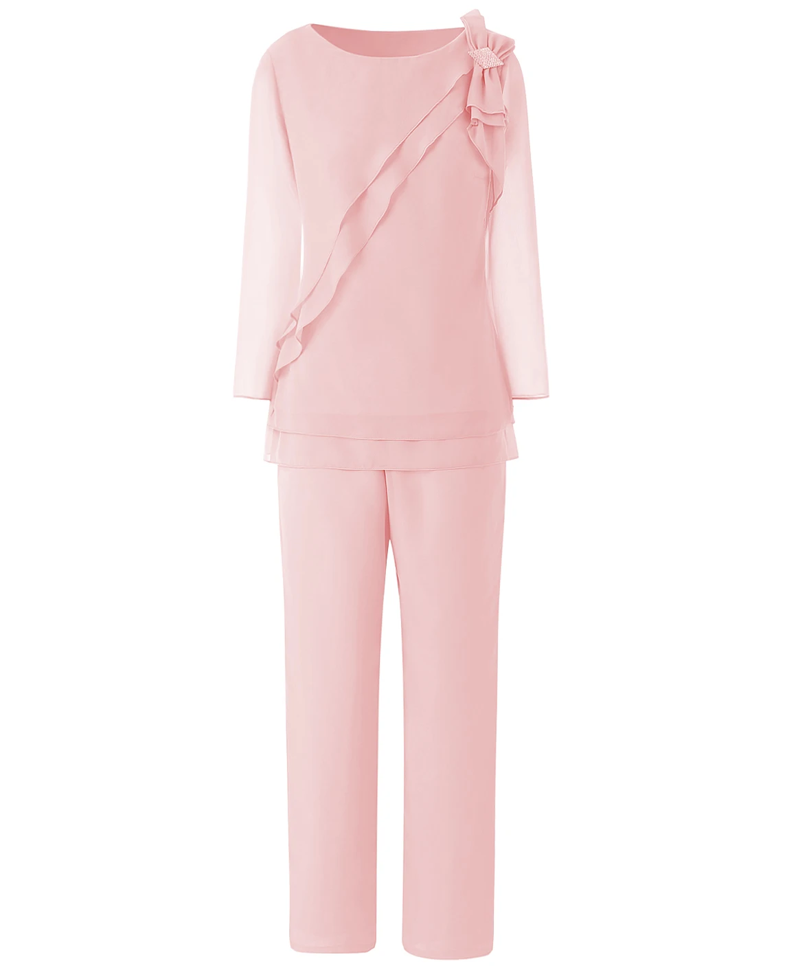 Limited  Pink bow-knot Women Chiffon 2 Two Pcs Mother of the Groom Dress Pantsuits with Long Sleeves Outfit 