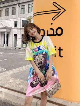 

Thailand tide brand 2020 spring and summer new foreign short-sleeved loose large size cartoon sequins T-shirt women's long top