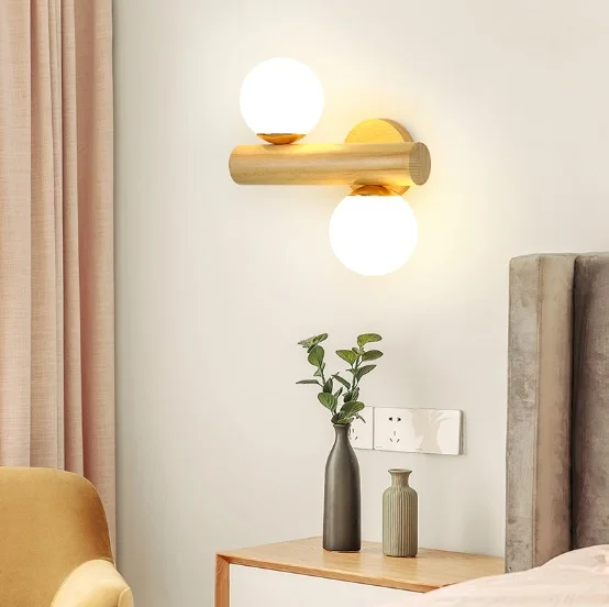 

Nordic log bedroom study reading wall lamp led bedside wall lamp Japanese creative personality walnut color lamps