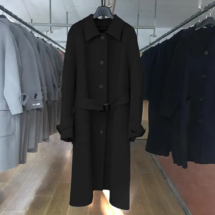 Winter Korean Fashion Plus Size Handmade X-Long Double-Sided Wool Coat Women Lacing Belt Loose Casual Woolen Overcoat - Цвет: Черный