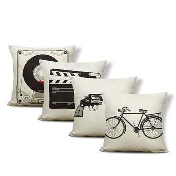 

Retro Pillow Grey Bicycle Recorder Pistol Leaves Pillowcase Living Room Large Sofa Polyester Linen Outdoor Decoration Pillowcase