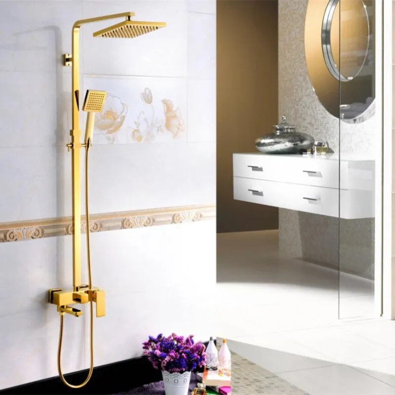 

Vidric Bathtub Faucets Luxury Gold Total Brass Bathroom Faucet Mixer Tap Square 8 inch Hand Held Shower Head Kit Shower Faucet S