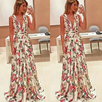 

BacklakeGirls Flower Print Women Satin Long Prom Dress Sexy Sleeveless Deep V Neck Evening Dresses Plus Size Robe Satin Longue