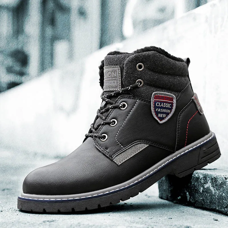 OUDINIAO высокие мужские ботинки модные зимние теплые плюшевые мотоциклетные ботинки на шнуровке модные зимние ботинки - Цвет: Черный
