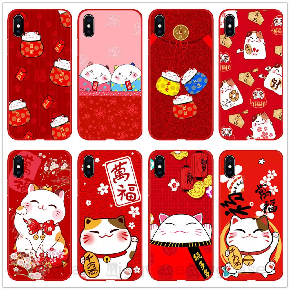 

New year Gift Case For iPhone 6 6S 7 8 Plus SE 5 5S Cherry Blossom Lucky Cat Pattern Soft Phone Case For iPhone 8 X XR XS MAX