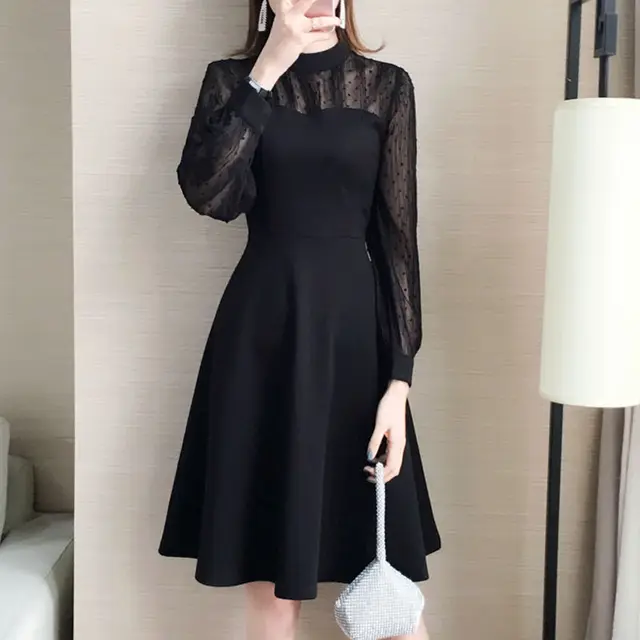 Women Black Plus Size Long Sleeve Lace Casual Office Elegant Slim Party Dresses 2
