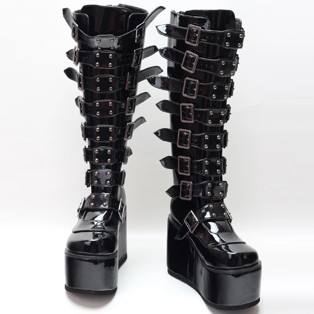 Jialuowei 11cm salto alto estilo gótico legal punk bezerro botas de halloween confortável plataforma plana sapatos mulher