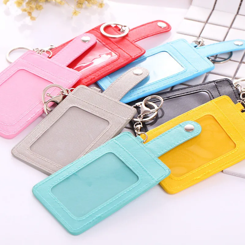 

Unisex Portable Id Card Holder Leather Student Bus Cards Cover Women Men Office Work Solid Cards Case Keychain For Bag Pendant