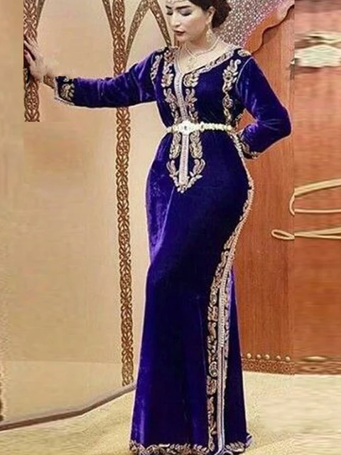 LORIE Royal Blue Moroccan Kaftan Muslim Evening Dresses Formal Velvet Gold Lace Mermaid Long Sleeves Formal Dubai Party Gowns 2