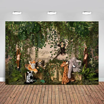 

Green Leaves Toy Animal Zebra Giraffe Elephant Monkey Jungle Safari Background Computer Print Party Photo Backdrop