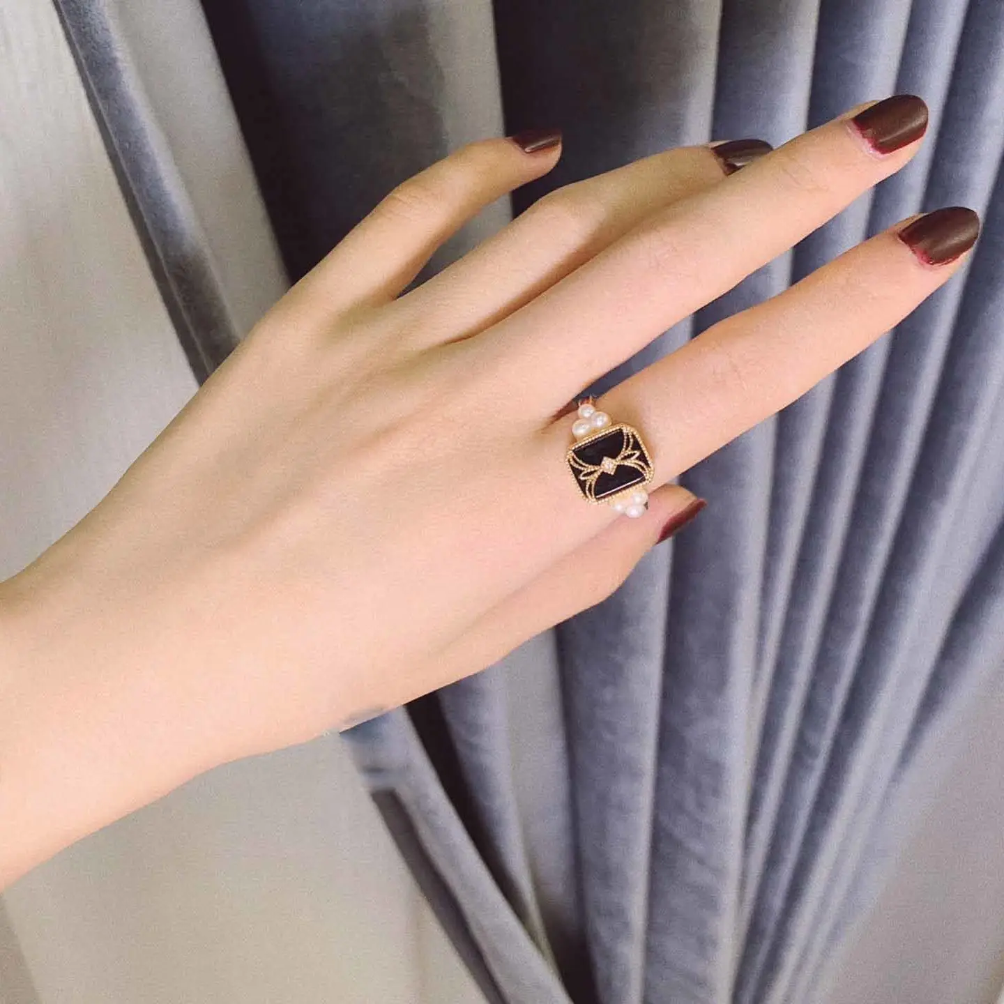Original black agate pearl opening adjustable ring national style retro compact charm ladies brand silver jewelry silver ring silver rings