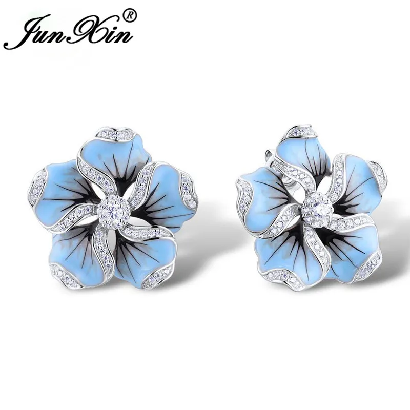 Милые женские серьги-гвоздики с эмалью синего цвета для девочек, серьги с растительными мотивами, 925, серебряные, белые, хрустальные, Двойные серьги, свадебные подарки