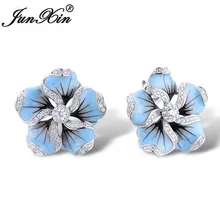 Милые женские серьги-гвоздики с эмалью синего цвета для девочек, серьги с растительными мотивами, 925, серебряные, белые, хрустальные, Двойные серьги, свадебные подарки