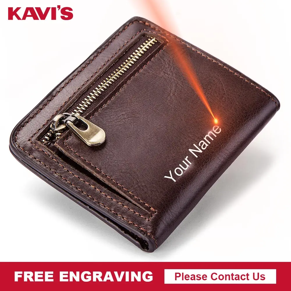 KAVIS Genuine Leather Wallet Men Coin Purse Male Cuzdan PORTFOLIO Portomonee Man ID Card Holder Mini Free Name for Gift