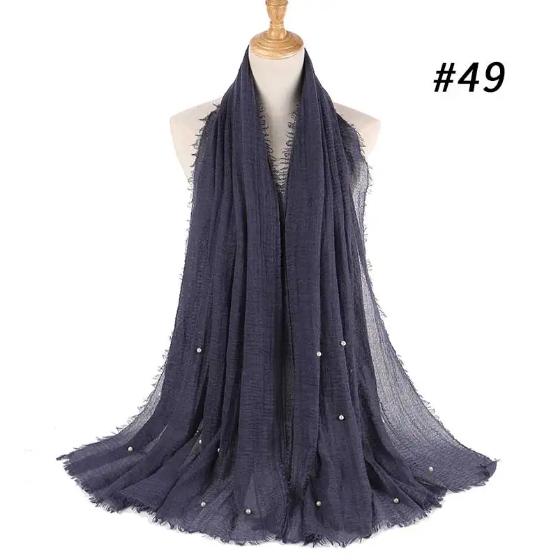 MoneRffi женский простой хлопок бисер шарф со складками шаль твердая повязка мусульманский хиджаб Новая мода - Цвет: 49