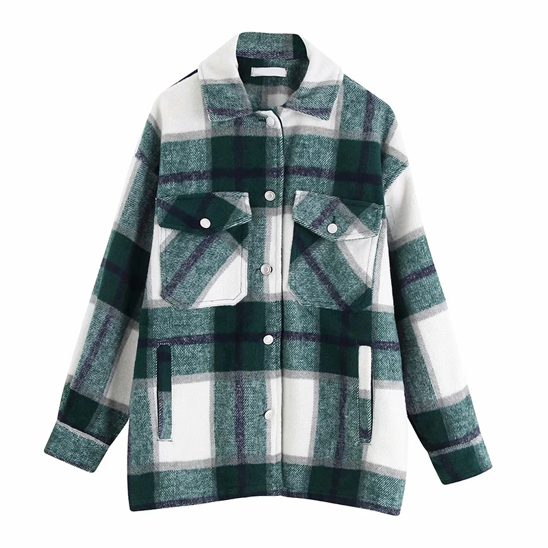 discount Plaid Overshirt Wool Blend Jacket Vintage Stylish Pockets Fashion Lapel Collar Long Sleeve Coat Cas