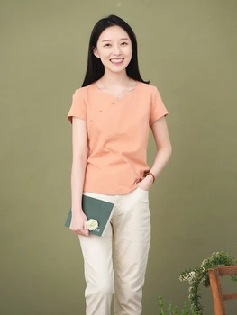 

CYNTHIA 2020 Summer Women Cotton T-shirts Female Vintage O-neck Short-sleeve Straight Chinese-style Knitted Shirts Tees