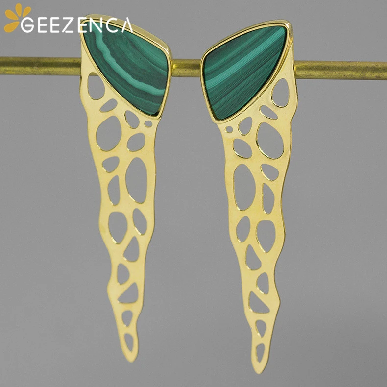 Natural Malachite Abstract Landscape 925 Sterling Silver Stud Earrings Fine Jewelry For Women Original Design Trendy Vintage | Украшения и