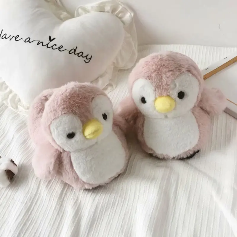 Милые зимние меховые теплые домашние тапочки Kawaii с розовым пингвином плюшевые