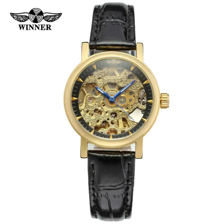 Модные Роскошные элегантные часы, механические Женские часы со скелетом, женские часы с черным кожаным ремешком, повседневные деловые женские наручные часы - Цвет: GOLDEN BLACK