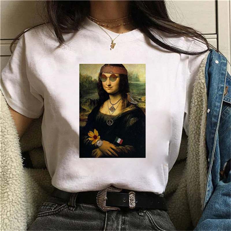 Women's T-shirt Mona Lisa Theme Print T-shirt Clothes White TShirt Harajuku Graphic T-shirt Fashion   Landscape T-shirt Female