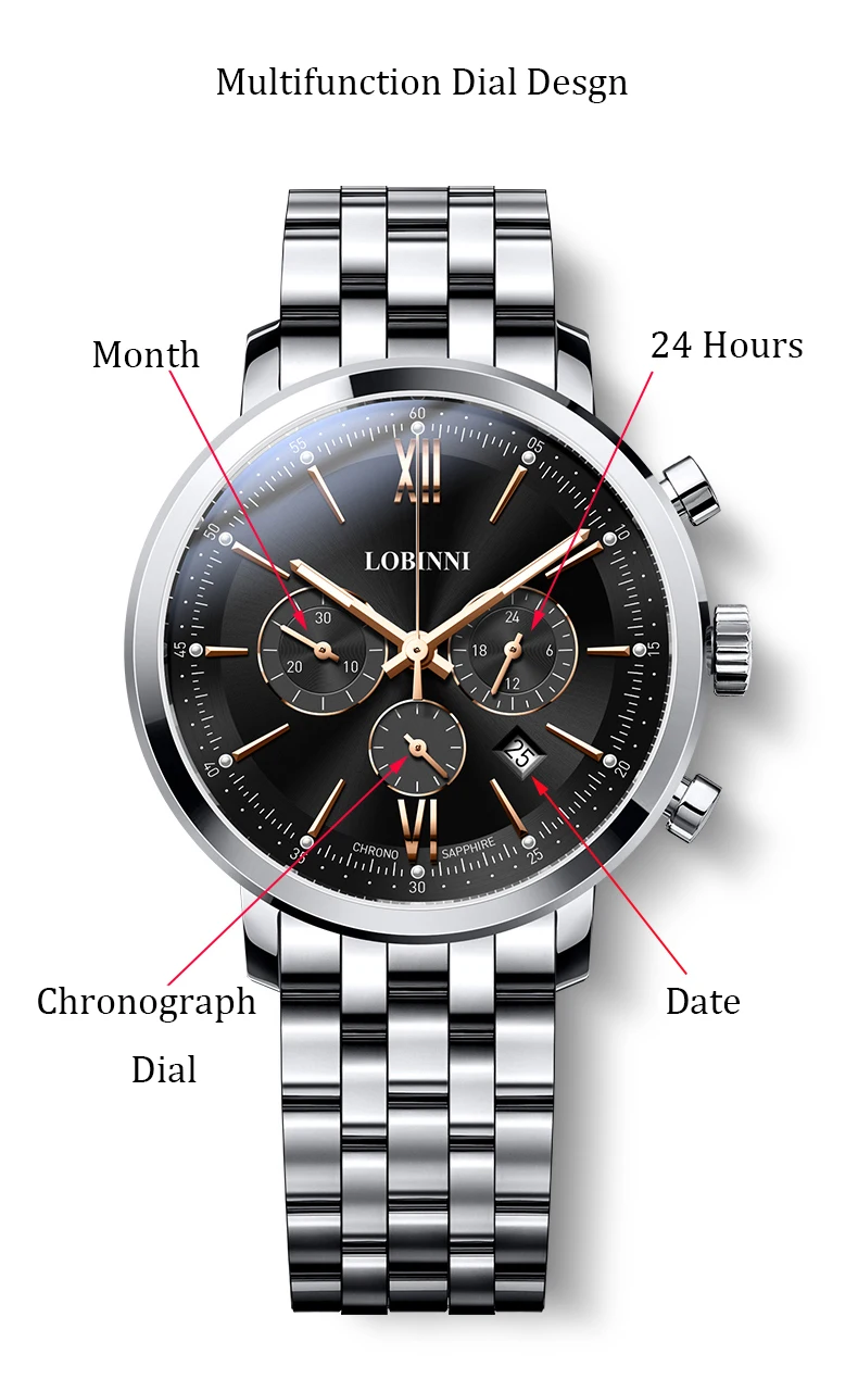 US $108.00 LOBINNI Mens Watch Business 50M Waterproof Steel Strap Multifunction Chronograph Dial Quartz Wrist Watch Men Sapphire L3605